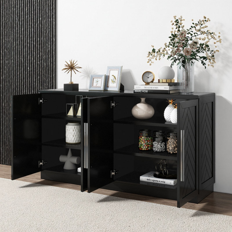 Buffet 60 po - Poignées argentées, tablettes réglables, rangement pour la salle à manger / cuisine, Noir