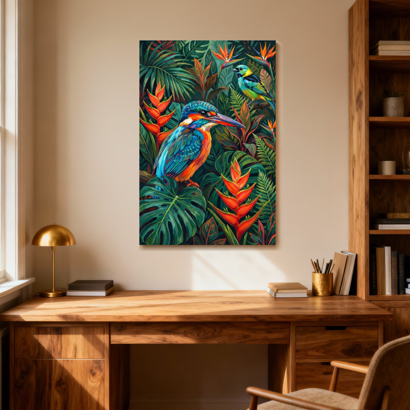 Animaux, oiseaux tropicaux au milieu d'une verdure luxuriante et de fleurs vibrantes, H 12 po x l 18 po