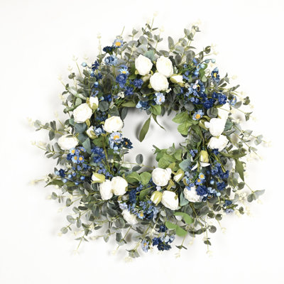 26" Artificial Farmhouse Blossom Cluster Greenery Eucalyptus Peony Daisy Berry Floral Wreath For Dront Door