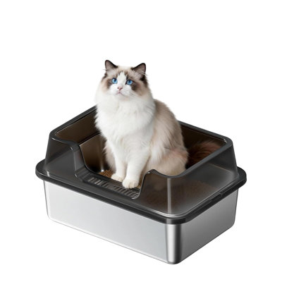 Très grand bac à litière pour chat en acier inoxydable avec couvercle amovible et facile à nettoyer