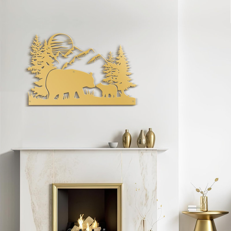 Bears in Forest Animal Mountains, décoration murale abstraite moderne en métal noir, H 20 po x l 30 po x P 0,05 po, Or