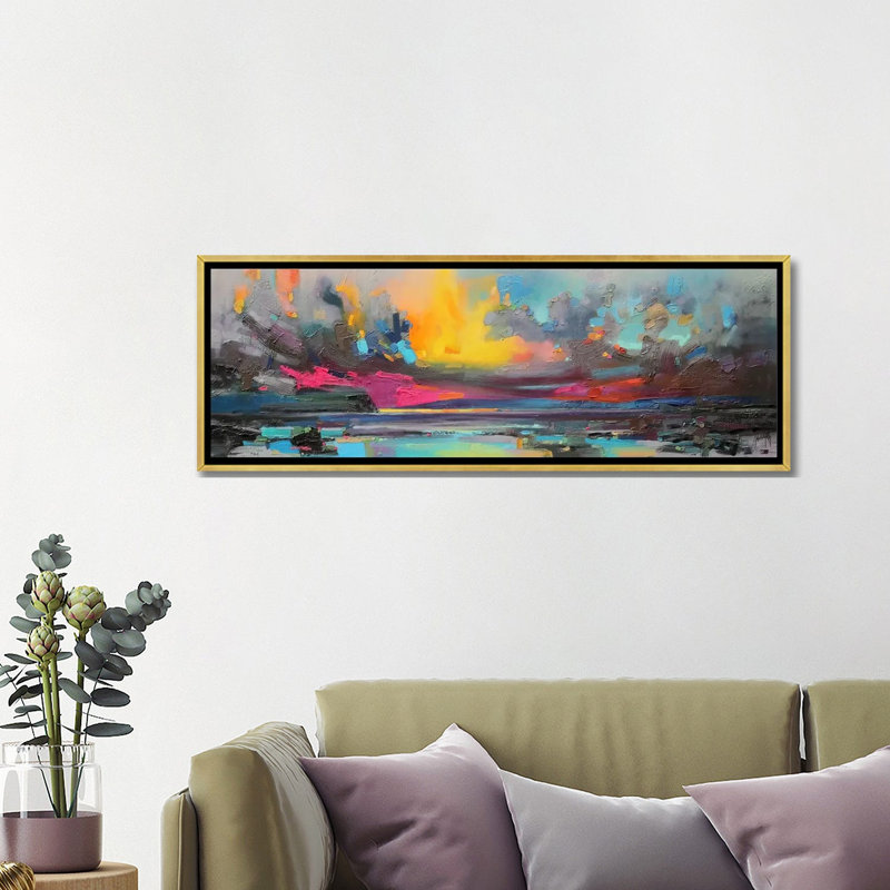 «Skye» par Scott Naismith - impression d'art graphique panoramique, H 16 po x l 48 po x 1,5 po, Toile encadrée d'or