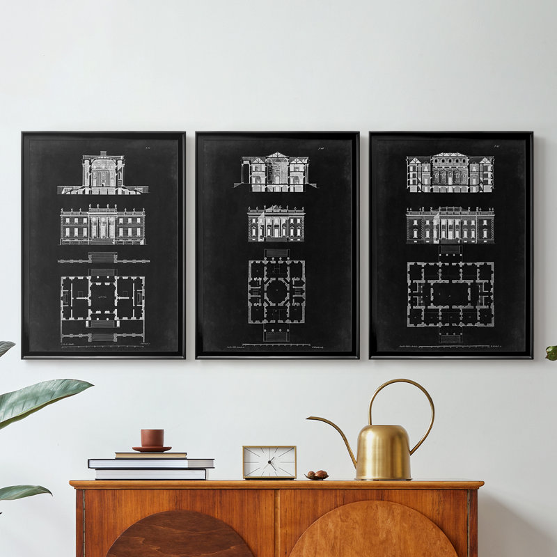 "Graphic Building & Plan IV" - Toile tendue avec châssis sur mesure - 3 pièces, Noir, H 21 po x l 30 po