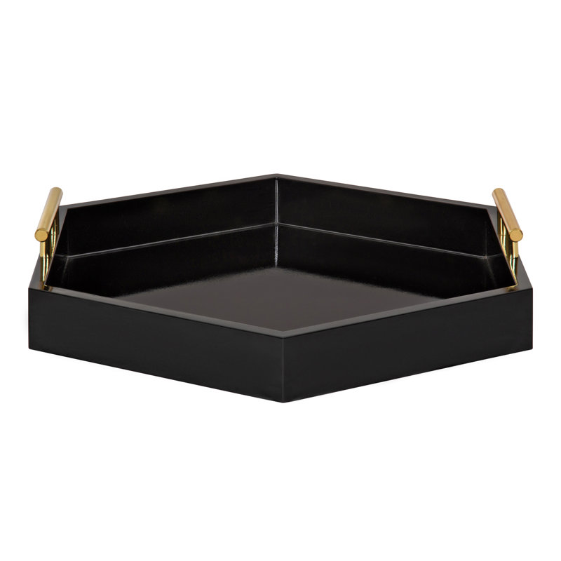 Norvan Hexagon Decorative Tray with Metal Handles, Black/Gold
