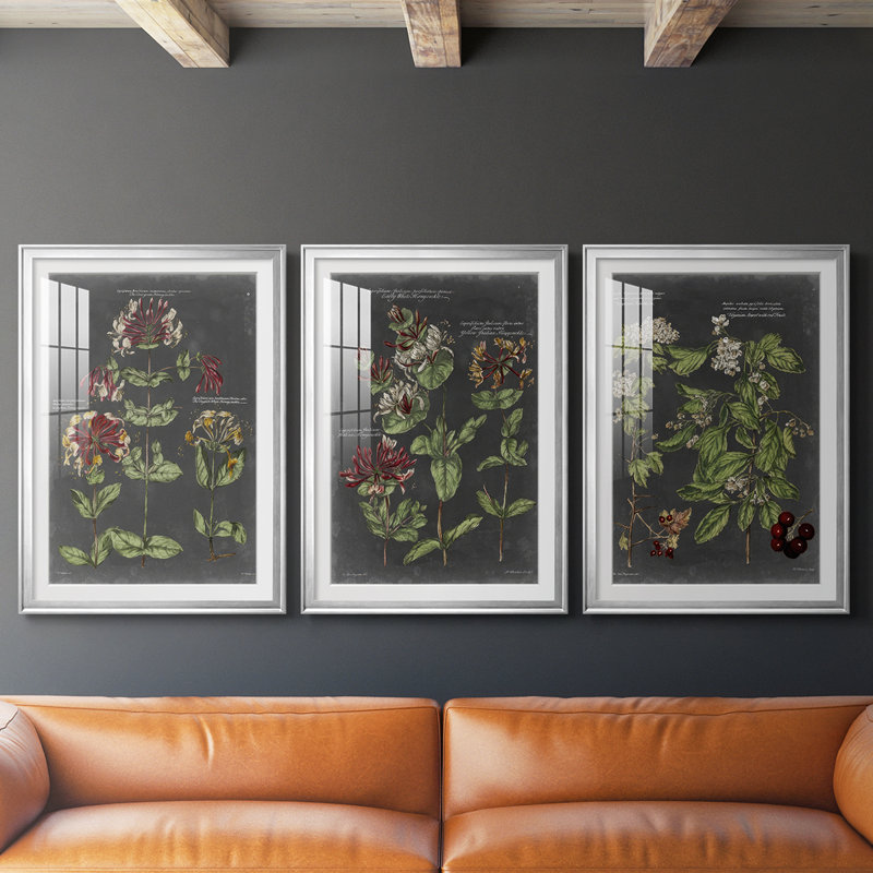 Tableau botanique rétro I - impression encadrée sur mesure de qualité supérieure - 3 pièces, H 19 po x l 27 po, Argent argent