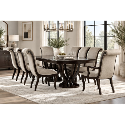 Dows 9-Piece Rectangular Dining Set— Double Pedestal Table · 6 Side Chairs · 2 Armchairs