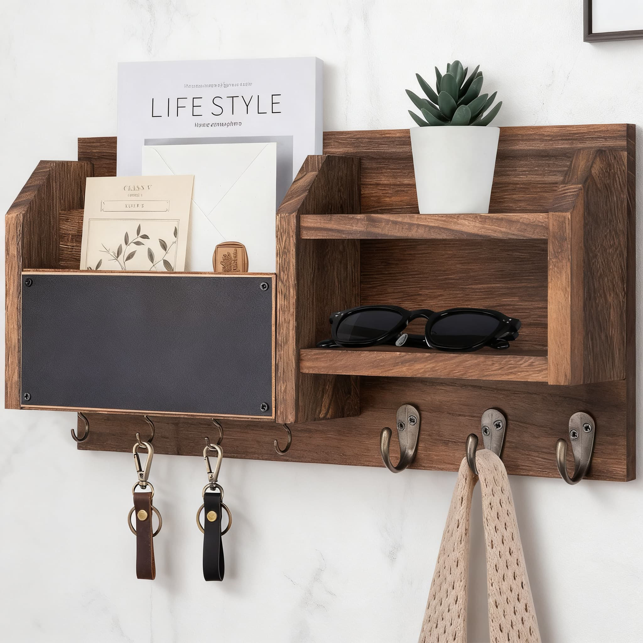 Wall Mount Key Holder With Mail Organizer And 7 Metal Hooks, Natural Paulownia Wood Entryway Storage Shelf With Blackboard For Home And Office - Brown