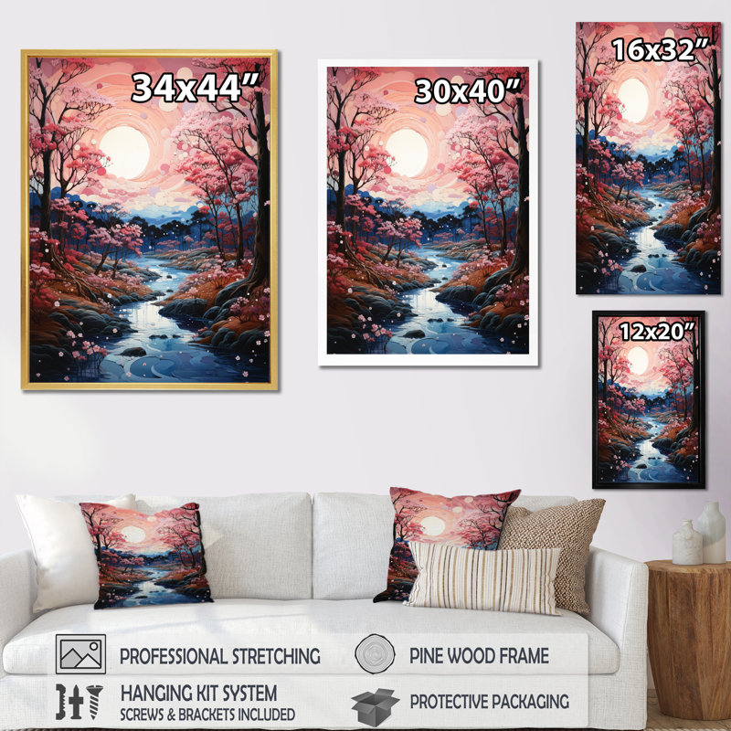 Dryades Japon Art Cherry Blossom River II, H 32 po x l 16 po x P 1 po, Cadre flottant noir