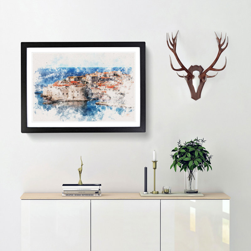 Ancient City Walls of Dubrovnik in Croatia Watercolour - Picture Frame Graphic Art Print, Black Framed