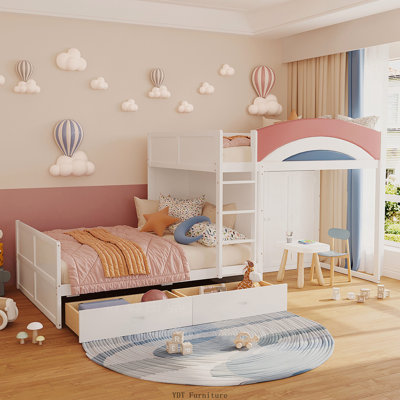 Full Size Offset Bunk Bed with Wardrobe and Drawers | Upholstered Guardrail, Built-in Hanging Rod, White