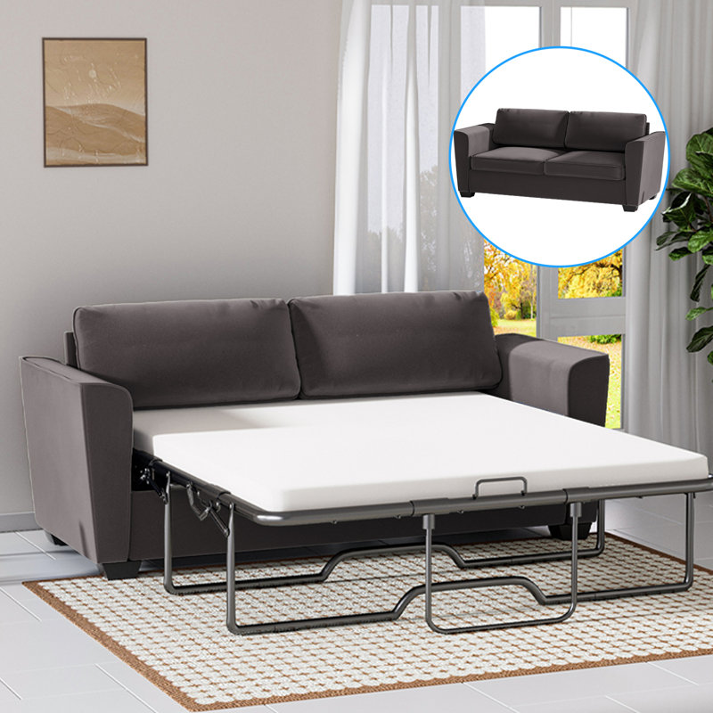 Queen Size Velvet Pull-Out Sofa Bed with 2.8" Mattress, Dark Gray