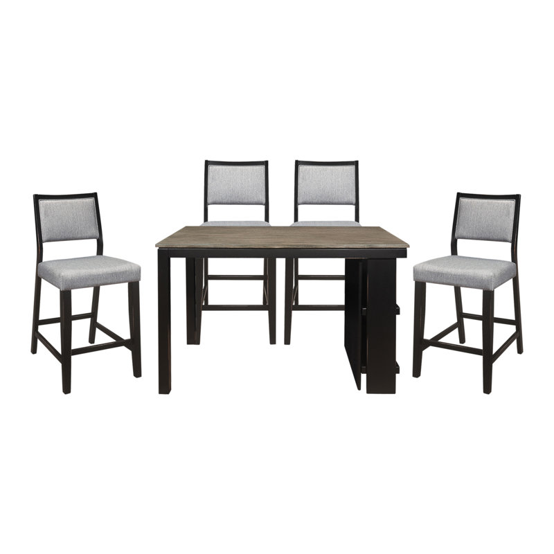 Ensemble de table de salle à manger à hauteur de comptoir 5 pièces à finition noire avec 4 chaises à hauteur de comptoir rembourrée grise
