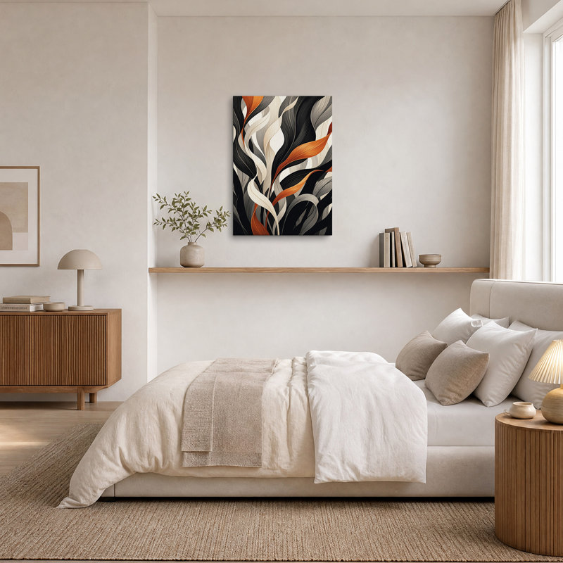 Tableau abstrait de feuilles ondulantes en noir et rouille sur toile, H 18 po x l 12 po