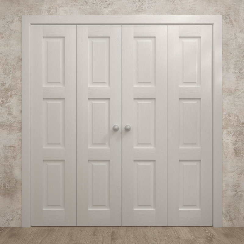 Portes coulissantes doubles pliantes pour placard 72 x 96 pouces Ego 5010 en chêne blanc peint, rails robustes, moulures, garnitures, quincaillerie, bois massif, portes de placard de chambre