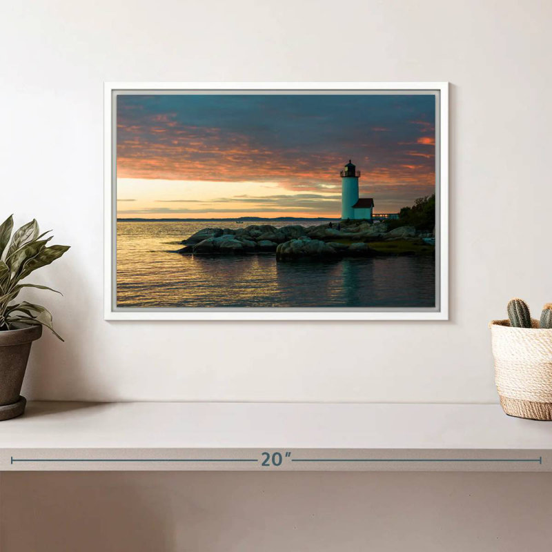 Coucher de soleil sur le phare d'Annisquam, Cadre flottant blanc, 13 po x 9 po