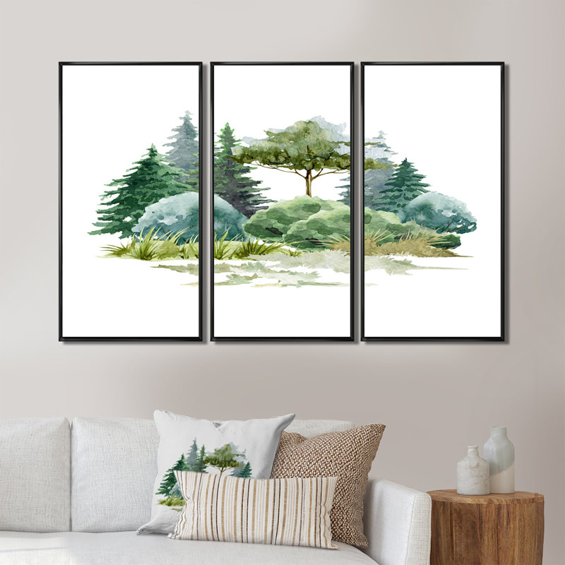 Nature, forêt, pelouse, brousse d'arbres, herbe II - ensemble d'art mural sur toile encadré champêtre, H 32 po x l 48 po