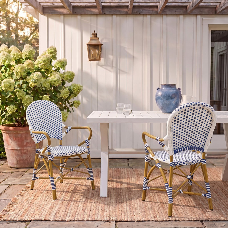 Wilburg Premium All-Weather Wicker Outdoor Stacking Dining Armchair, Blue/White
