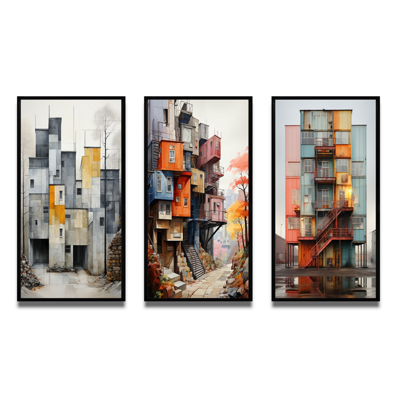 «Winter Warehouse Palette», 3 pièces sur toile, Cadre noir, H 32 po x l 48 po