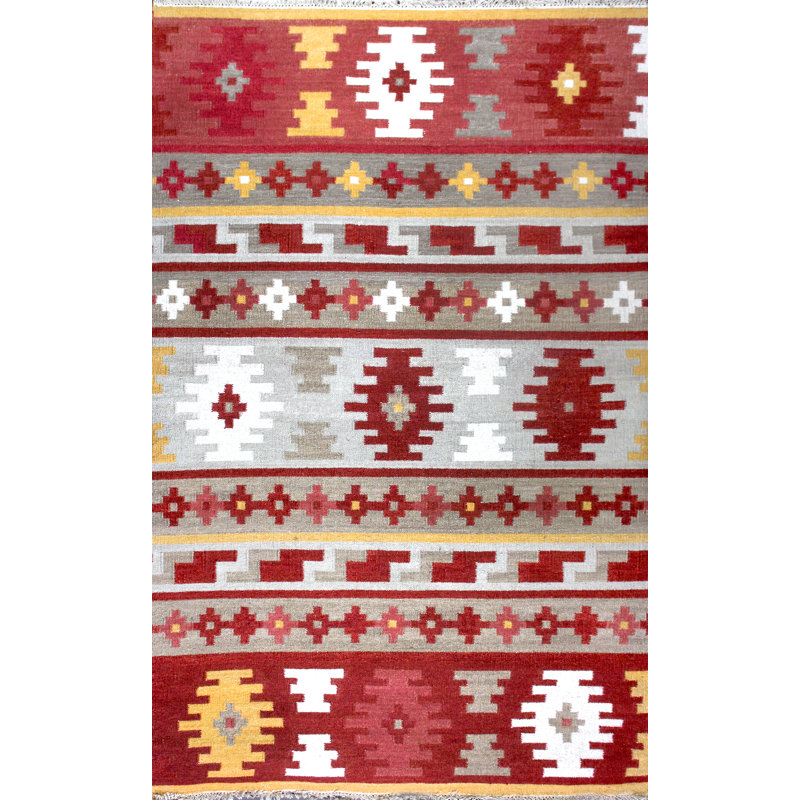 Tapis rouge / orange en laine noué à la main Patridge Southwestern, Rectangle 5 pi x 8 pi
