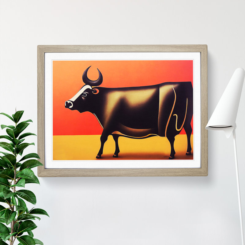 Dashing Cow - Framed Print, 25cm H x 34cm W x 2cm D, Oak