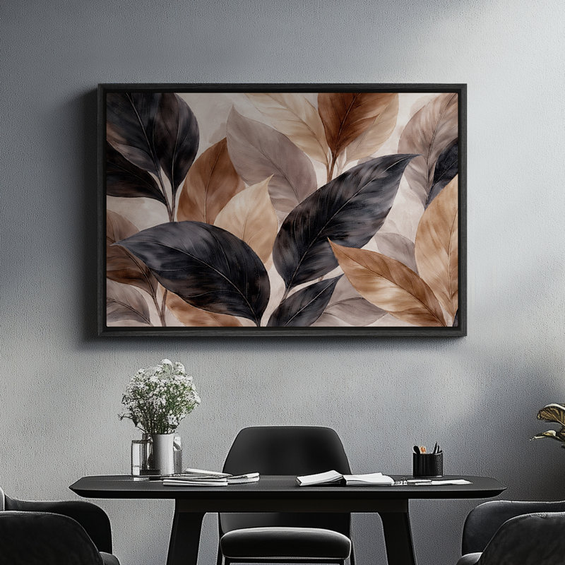 Art mural encadré sur toile - Feuilles botaniques neutres en composition beige et noire - 16 po x 24 po, 24 po x 36 po, Noir