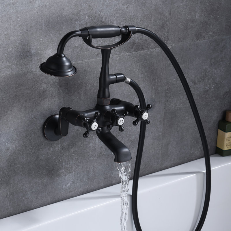 3 Handle Bathroom Clawfoot Tub Faucet with Diverter, Bronze