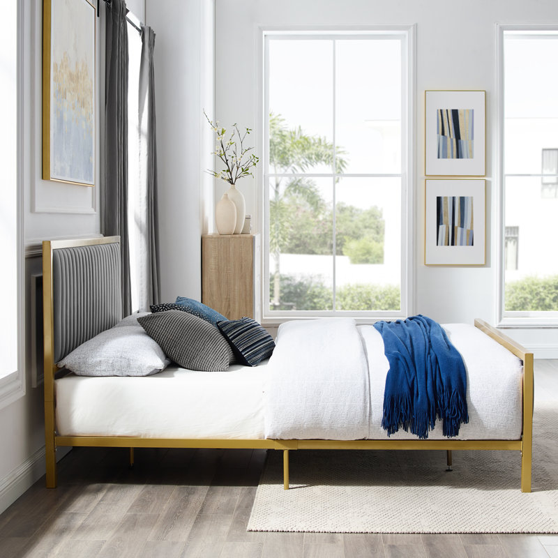 Kinzie Tufted Velvet Upholstered Low Profile Standard Bed with Headboard & Footboard and Gold-Finished Metal Frame, King