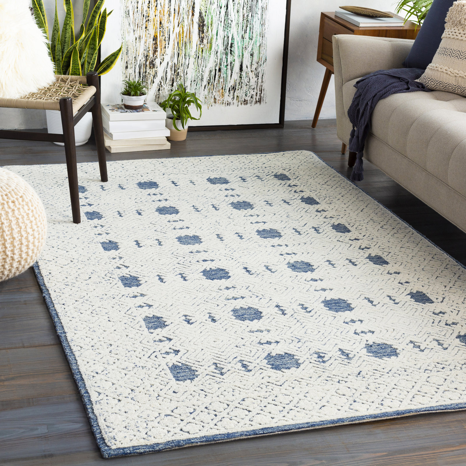 Matthew Navy Cream Hand-Tufted Wool Rug, Rectangle 6' x 9'