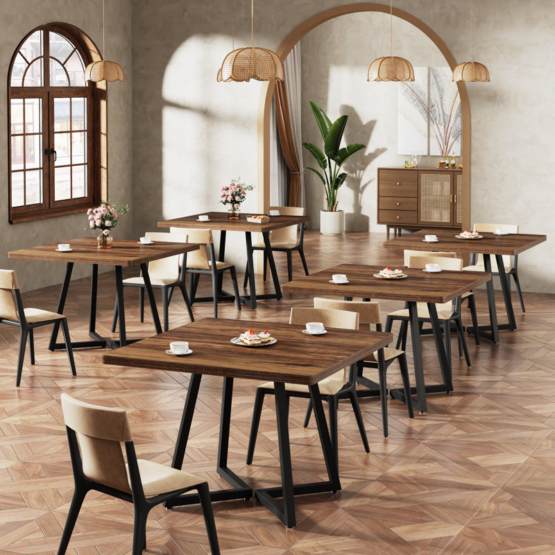 Ensemble de 2 tables de salle à manger carrées avec base en métal, Brun