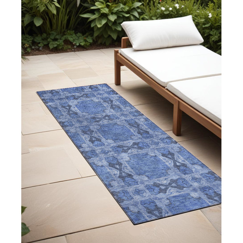 8' Runner Denim Blue and Gray Floral Medallion Washable Non Skid Indoor Outdoor Runner Rug