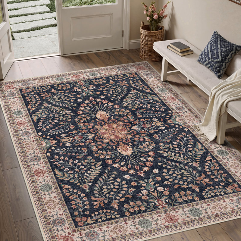 Tapis de style cerise lavable à la machine pour le salon avec envers antidérapant, Rectangle 5 pi x 7 pi