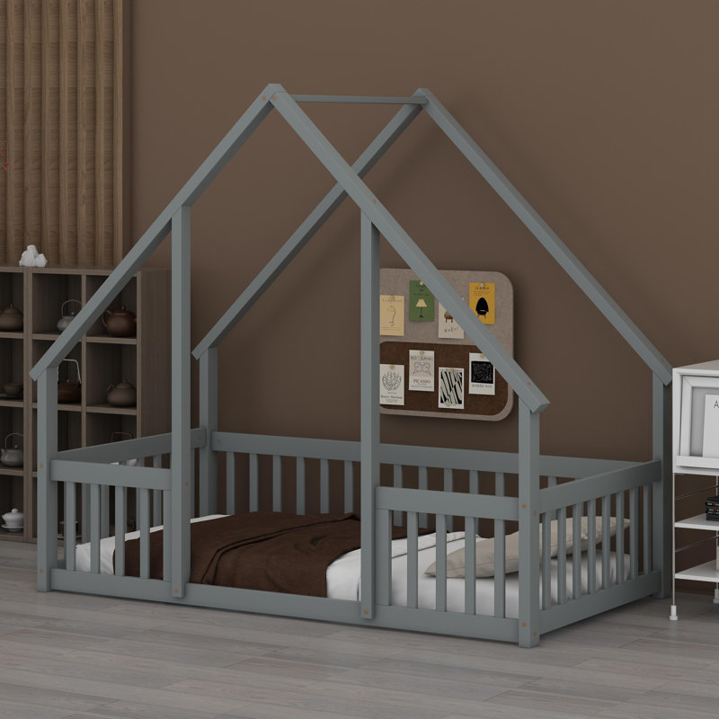 Natural Wood House-Shaped Toddler Bed With Protective Side Rails, Gray