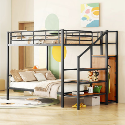 Lit superposé double en métal avec échelle de rangement latérale et garde-robe, noir