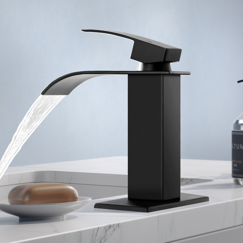 HGN Waterfall Spout Bathroom Sink Faucet Stainless Steel without Pop-Up Drain, Matte Black