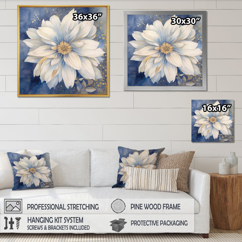 «Elegant White Chrysanthemum On Retro Blue», reproduction sur toile, H 16 po x l 16 po x P 1 po, Cadre doré à une seule photo