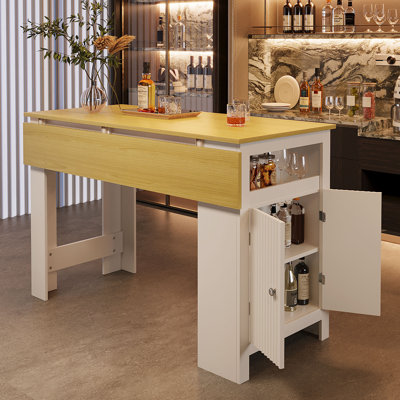 54" Modern Folding Kitchen Island Table with Storage Cabinet, Bar Table with Side Hooks, Adjustable Shelves for Dining Room