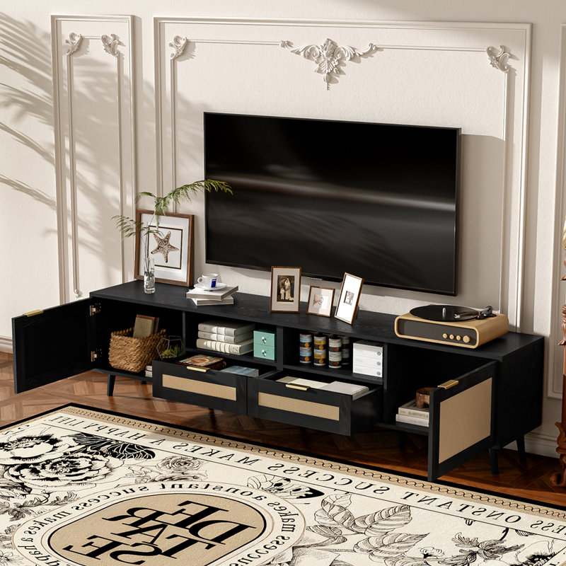 Meuble télé en rotin pour téléviseur de 85 po ou moins, console de campagne moderne, Black