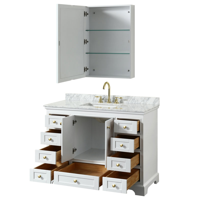 Ensemble de meuble-lavabo simple 48 "avec miroir Deborah, Marbre de culture de Carrare, Chrome poli, Blanc