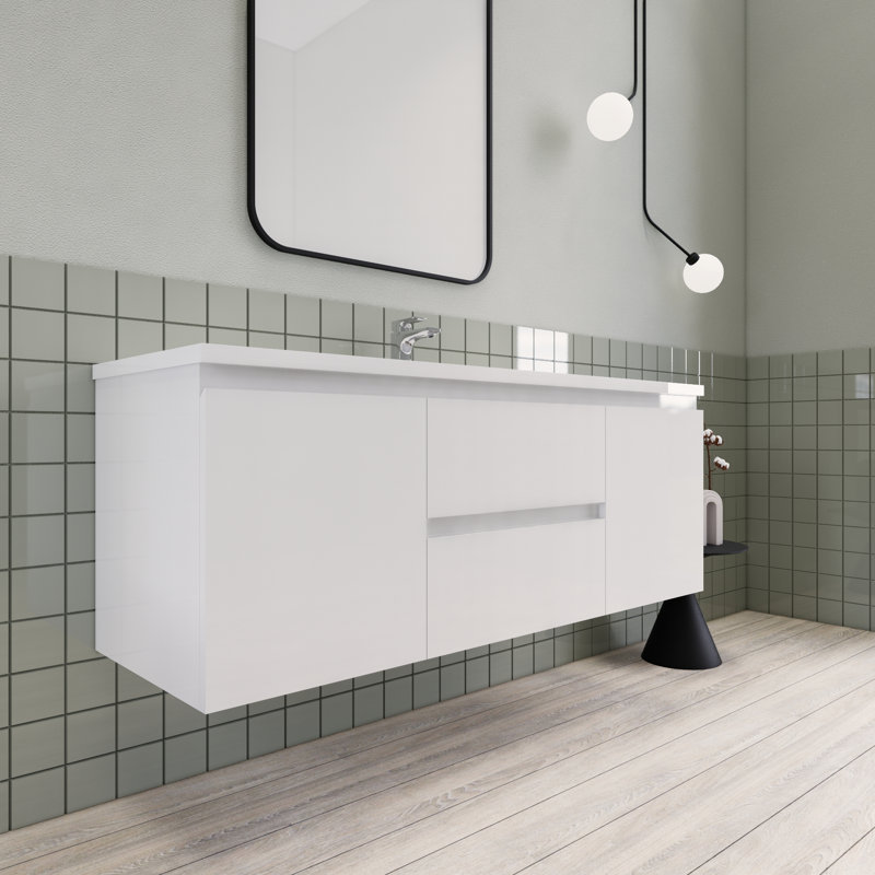 Alcester 59.2 " W Wall Mounted 1 Single Vanity Bathroom Vanity With Resin Top, Gloss White