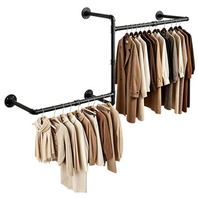 50 Inch Heavy‑Duty Wall Mounted Industrial Pipe Garment Rack, DIY Vintage Iron Double‑Tier Clothes Hanging Rod, Multi‑Functional Storage Bar