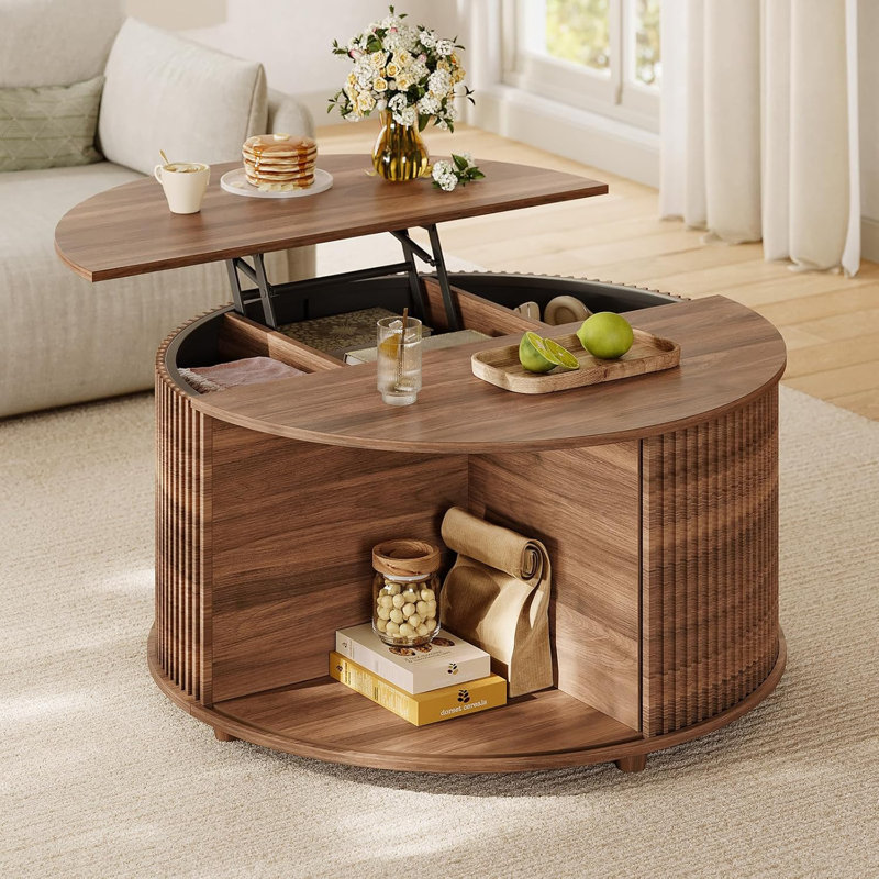 Round Lift Top Coffee Table With Storage, Modern Coffee Table With 180° Curved Sliding Door For Living Room, Office, Walnut