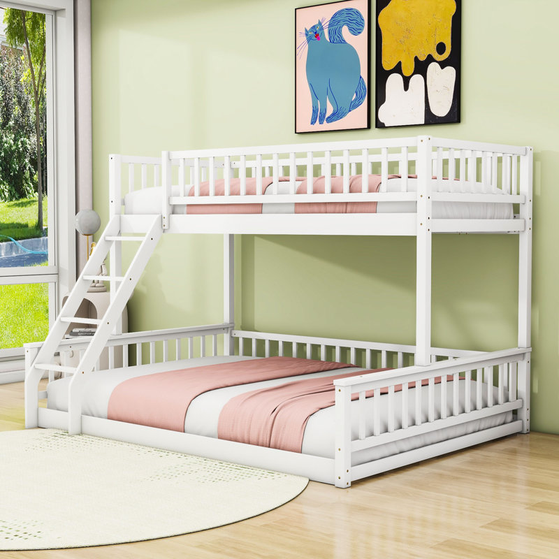 Katienne Bunk Bed With Ladder And Guardrails, White, Twin XL Over Queen