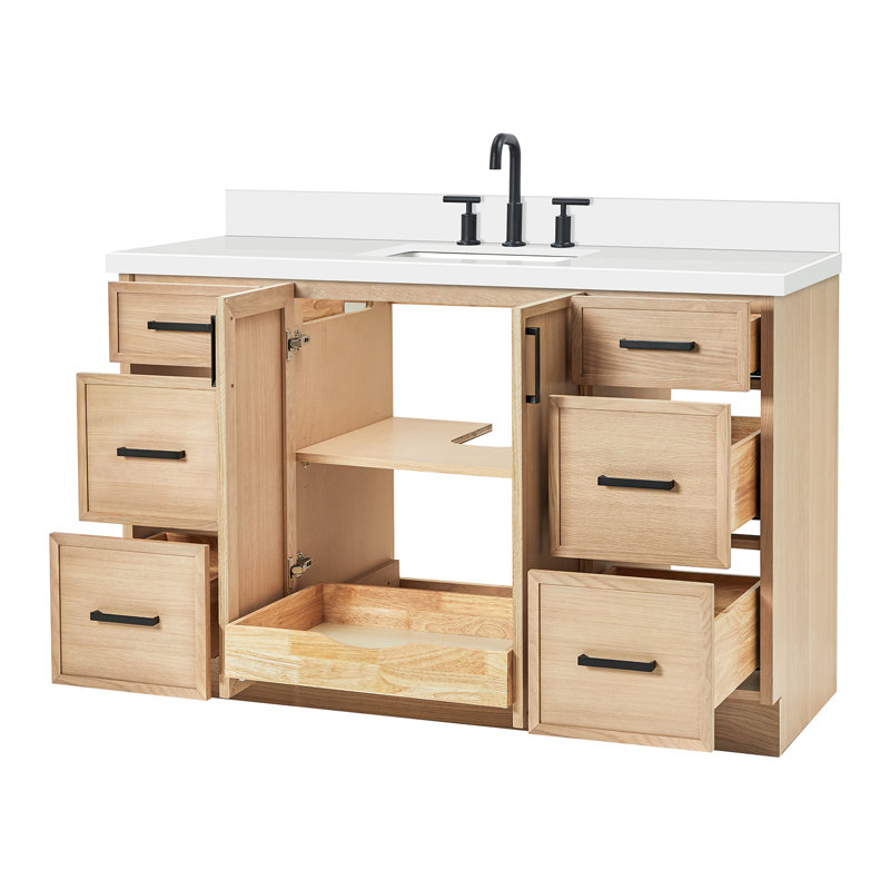 Ensemble de meuble-lavabo rectangulaire simple avec comptoir en quartz Ariel Kelly, Chêne, 49"