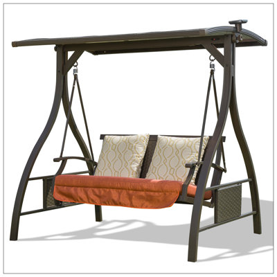 Patio Porch Swing 2 Person Adjustable Canopy Deluxe Hammock Swing Glider With Solar LED Light And 2 Sunbrella Cushions For Outdoor Garden, Balcony, Ba -  Lark Manor™, DB849A5416B745399D2018E8BC1FC1A4