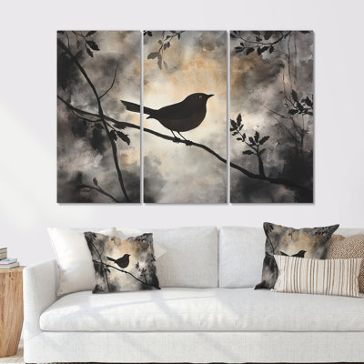 Wren Wall Art, Forest Bird Canvas - Night Wren Hollow Bird 3 Piece Framed Canvas Wall Art Set Traditional Nature Decor