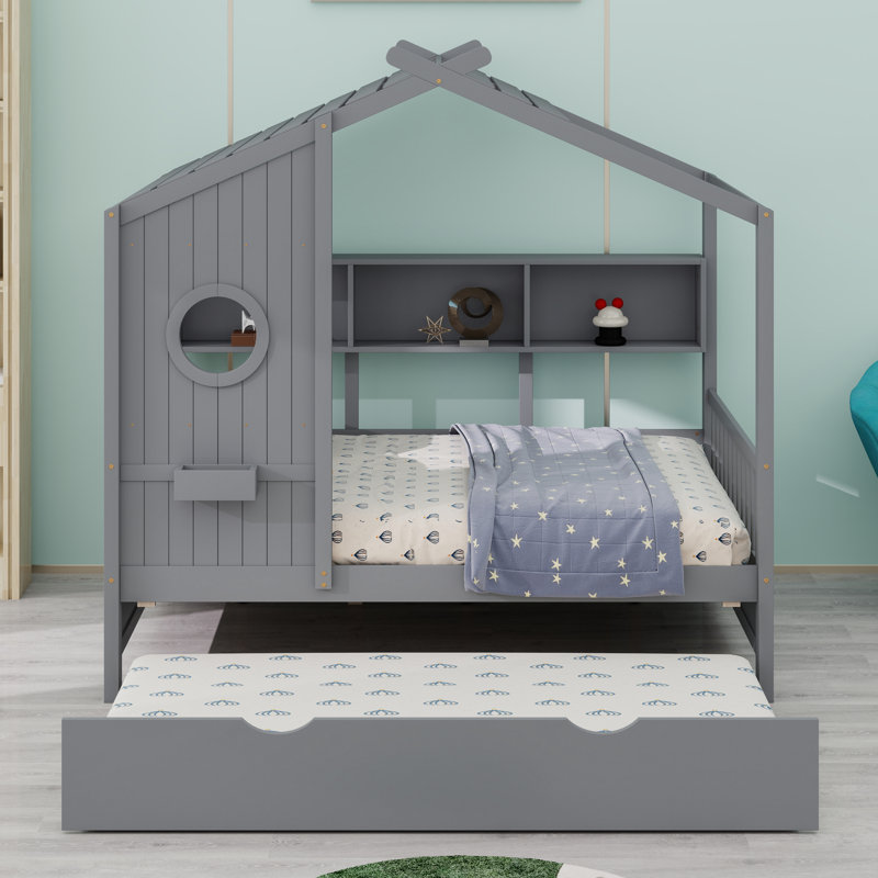 Structure de lit robuste en bois avec lit gigogne intégré et tablette de rangement pratique, Gris, Lit double