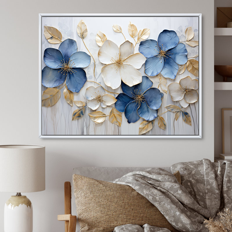 «Blue and Gold Adorned Violets III - Violets», reproduction sur toile, H 34 po x l 44 po x P 1,5 po, Cadre flottant blanc