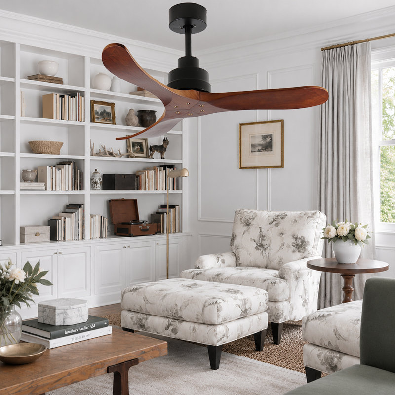 Ventilateur de plafond en bois de 107 cm (42 po) sans éclairage, pales en bois massif, moteur CC réversible et silencieux, télécommande incluse.