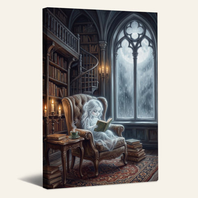 Ghost Girl, lecture dans un fauteuil, bibliothèque gothique, art mural d'Halloween
