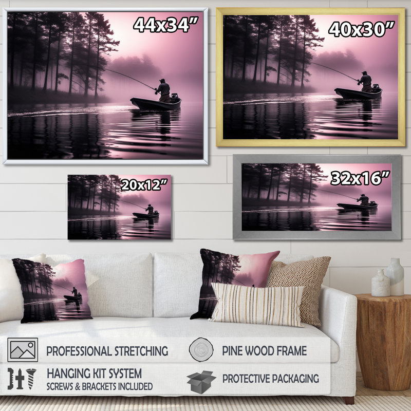 Fishing At The Lake I - Fishing Framed Canvas Print Hunting Wall Art, 12" H x 20" W x 1" D, Black Single Picture Framed